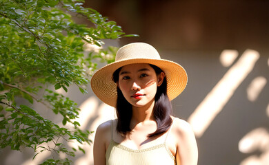 麦わら帽子を被った女性と木漏れ日を感じさせる背景