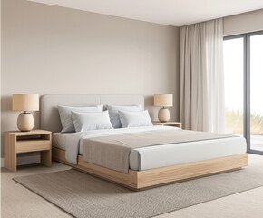 Minimalist modern hotel room in beige tone with natural window lighting. Interiors composition.