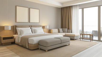 Minimalist modern hotel room in beige tone with natural window lighting. Interiors composition.