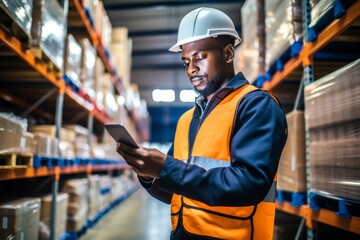 African american worker in warehouse using tablet for efficient inventory and stock management