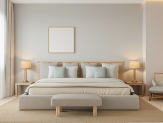 Minimalist modern hotel room in beige tone with natural window lighting. Interiors composition.