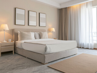 Minimalist modern hotel room in beige tone with natural window lighting. Interiors composition.