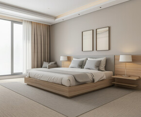 Minimalist modern hotel room in beige tone with natural window lighting. Interiors composition.