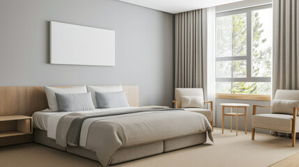 Minimalist modern hotel room in beige tone with natural window lighting. Interiors composition.