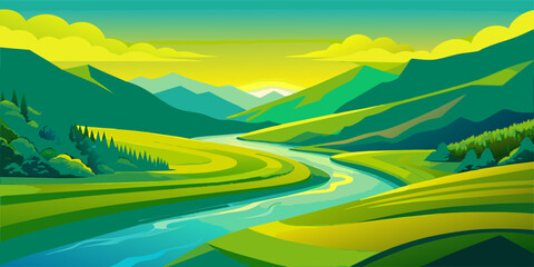 Obraz premium Serene landscape illustration of a river and mountains blending harmoniously. A serene river flowing through majestic mountains.