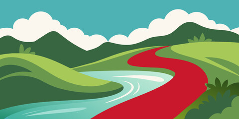 Fototapeta premium Serene landscape illustration of a river and mountains blending harmoniously. A serene river flowing through majestic mountains.