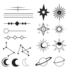 A set of mystical elements like stars, moons, and planets in black on white isolated background. Ideal for celestial, mystical-themed projects.