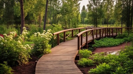 A wooden bridge with a path leading across it