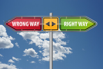 Fototapeta premium Direction Wrong Way Right way signpost set against a backdrop of the sky