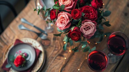 Obraz premium A romantic dinner setup with wine glasses and a bouquet of roses on a rustic wooden table, captured from a high angle