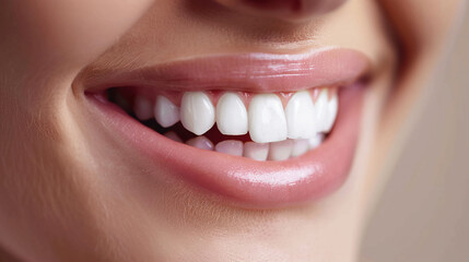Obraz premium The girl's snow-white smile in close-up. Dental health and hygiene.