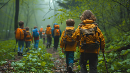 Children exploring nature on a forest hike, backpacks and walking sticks, discovering plants and insects.