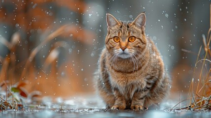 A Mother Cat With Striking Yellow Eyes Stands Majestically On The Wet Ground