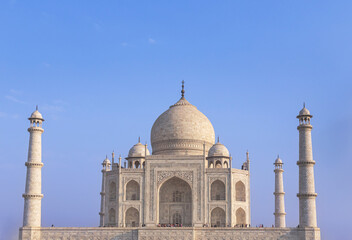 Taj Mahal ivory white marble mausoleum famous landmark architecture located in Agra, Uttar pradesh, India.