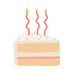 Birthday cake slices set. Sweet holiday bakery pieces collection. Pastry chocolate fruit, berry dessert with candles for breakfast. Vector hand drawn flat cartoon illustration