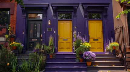 A chic, urban townhouse with a vibrant color scheme, featuring a dark purple exterior with bright yellow doors and trim, set in a bustling city neighborhood, captured in