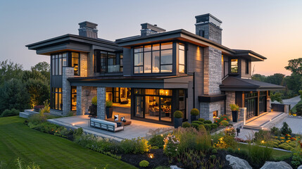 Obraz premium A contemporary home with a mix of gray fiber cement siding and natural stone, featuring large floor-to-ceiling windows.