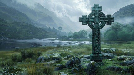 Celtic cross in a highlands Scotish landscape, generative AI