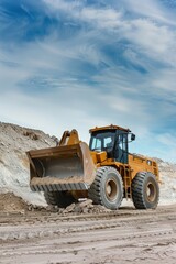 A large construction vehicle is parked in a rocky field. The sky is cloudy and the sun is setting, casting a warm glow over the scene. Concept of hard work and determination