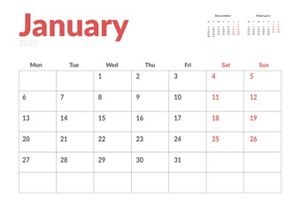 Monthly page Calendar Planner Template of January 2025. Vector layout of calendar with week start Monday for Scheduling. Page for size A4 or 21x29.7 cm