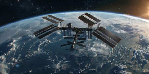 Fototapeta premium 3D illustration of the International Space Station orbiting the Earth. High Quality 5K Digital Space Art - Realistic visualization of faith, hope, culture, light, HD wallpapers, backgrounds, generated