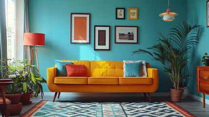 A Retro Modern living room with a mustard yellow sofa, a teal accent wall, a geometric patterned rug, and mid-century modern furniture.