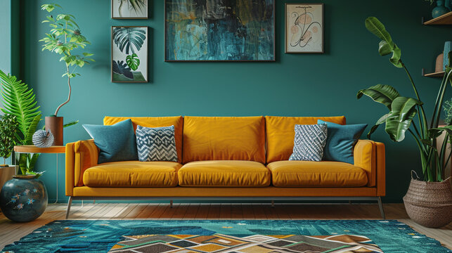 A Retro Modern living room with a mustard yellow sofa, a teal accent wall, a geometric patterned rug, and mid-century modern furniture. - Powered by Adobe