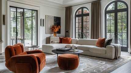 A transitional living room featuring a statement armchair upholstered in luxurious performance velvet fabric, 