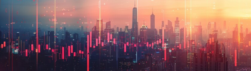 Fototapeta premium Rise city while a stock chart looms in the background