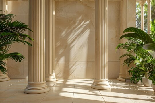 An ancient building hall with tall columns and tropical plants in pots.