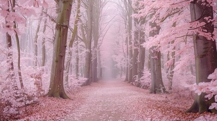 Naklejka premium A secluded forest with trees covered in pale pink leaves, the ground sprinkled with a mix of pink and light brown leaves, creating a romantic and dreamy autumn setting.
