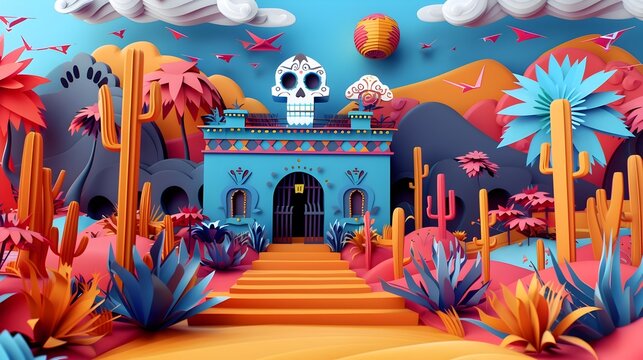 Paper Cut Art 3D Render Celebrating Mexican Day of the Dead Culture