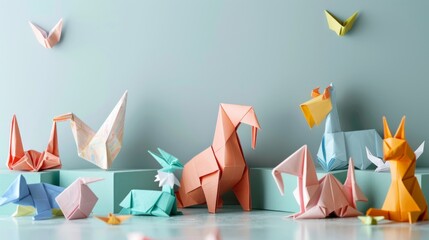 Origami Art: Illustrate a scene of intricate origami art, featuring a variety of folded paper animals and shapes. 