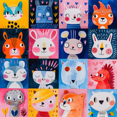 Cute Animal Faces Watercolor Illustration Collage