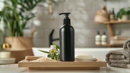 Elegant black soap dispenser surrounded by natural spa essentials in a modern bathroom setting, promoting self-care and relaxation.