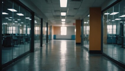 Obraz premium abstract defocused blurred technology space background, empty business corridor or shopping mall. Medical and hospital corridor defocused background with modern laboratory