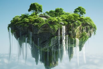 Floating island with lush trees and cascading waterfalls. Stunning surreal landscape ideal for fantasy art and inspirational designs. Conceptual visualization. Generative AI