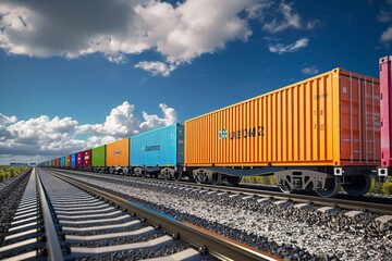 Obraz premium Colorful cargo train containers on railway under a bright blue sky. Concept of transport and logistics. Suitable for articles and presentations about industry and trade. Generative AI