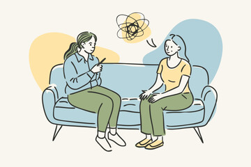 Psychotherapy session - woman talking to psychologist sitting on sofa. Mental health concept, vector illustration 