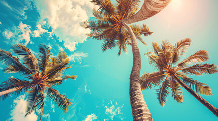 View from Below of Tall Palm Trees with Lush Green Fronds Against a Bright Blue Sky on a Sunny Day
