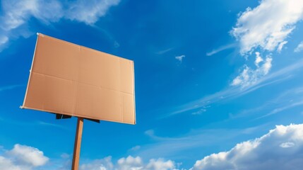 A blank cardboard sign is post to against a bright blue sky with white clouds