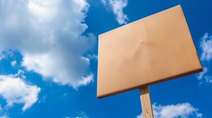 A blank cardboard sign is post to against a bright blue sky with white clouds