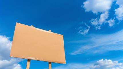 A blank cardboard sign is post to against a bright blue sky with white clouds