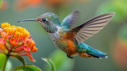 Fototapeta premium colorful hummingbird hovering in front of a blooming flower, its wings beating rapidly.