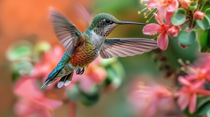 Fototapeta premium colorful hummingbird hovering in front of a blooming flower, its wings beating rapidly.
