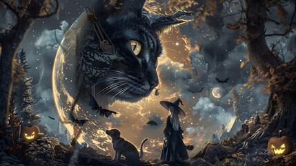 ハロウィーンのイメージ、黒猫と満月のイラスト