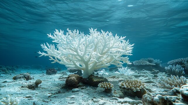 coral reef bleached white and dying, highlighting the devastating impact of ocean acidification on marine ecosystems.