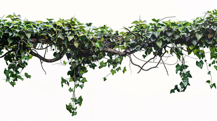 Obraz premium Lush Green Ivy Vine with Heart-Shaped Leaves, Intricately Weaving Along a Branch, Dense Foliage on white Background