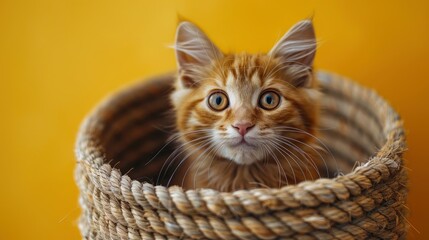 A Curious Cat Peeks Out Of A Hole In The Studio'S Vibrant Yellow Background
