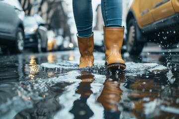 Woman walking through a puddle in rubber boots on a city street after the rain. Close-up